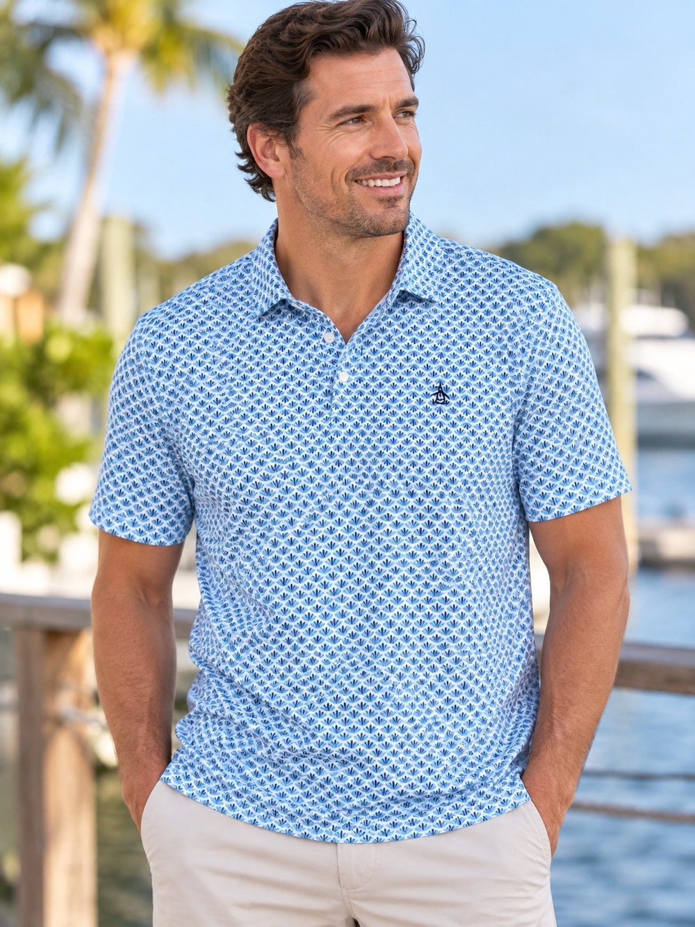 Original Penguin Men's Blue Vintage Geo Short Sleeve Performance Polo Golf - L